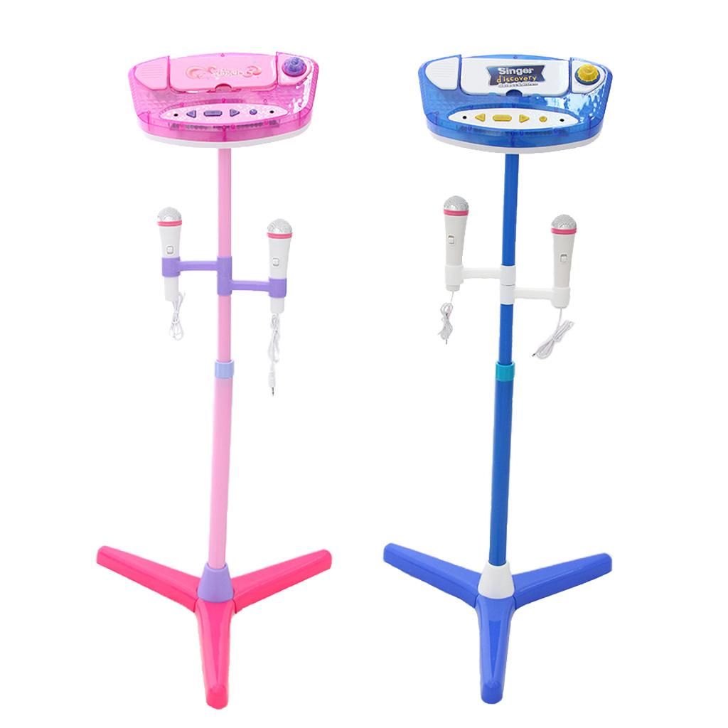 Music Play Toy Kids Karaoke Machine With 2 Microphones Adjustable Stand Blue