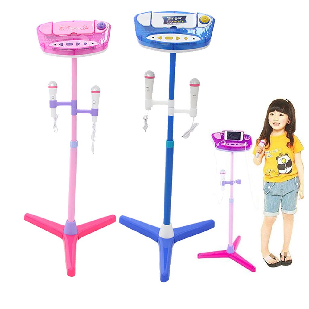 Music Play Toy Kids Karaoke Machine With 2 Microphones Adjustable Stand Blue