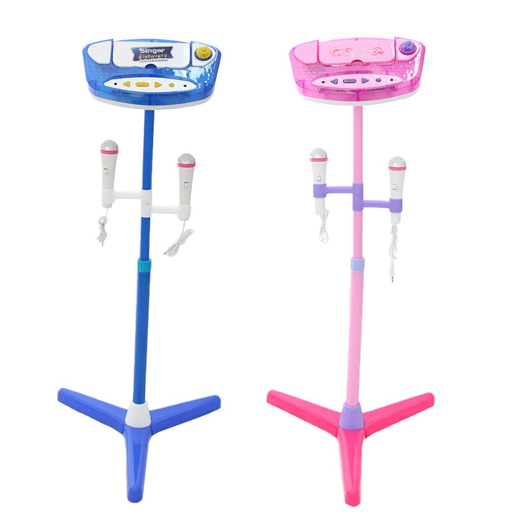 Music Play Toy Kids Karaoke Machine With 2 Microphones Adjustable Stand Blue