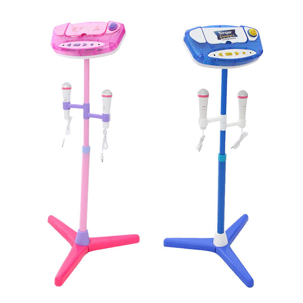 Music Play Toy Kids Karaoke Machine With 2 Microphones Adjustable Stand Blue