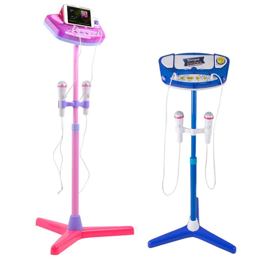 Music Play Toy Kids Karaoke Machine With 2 Microphones Adjustable Stand Blue