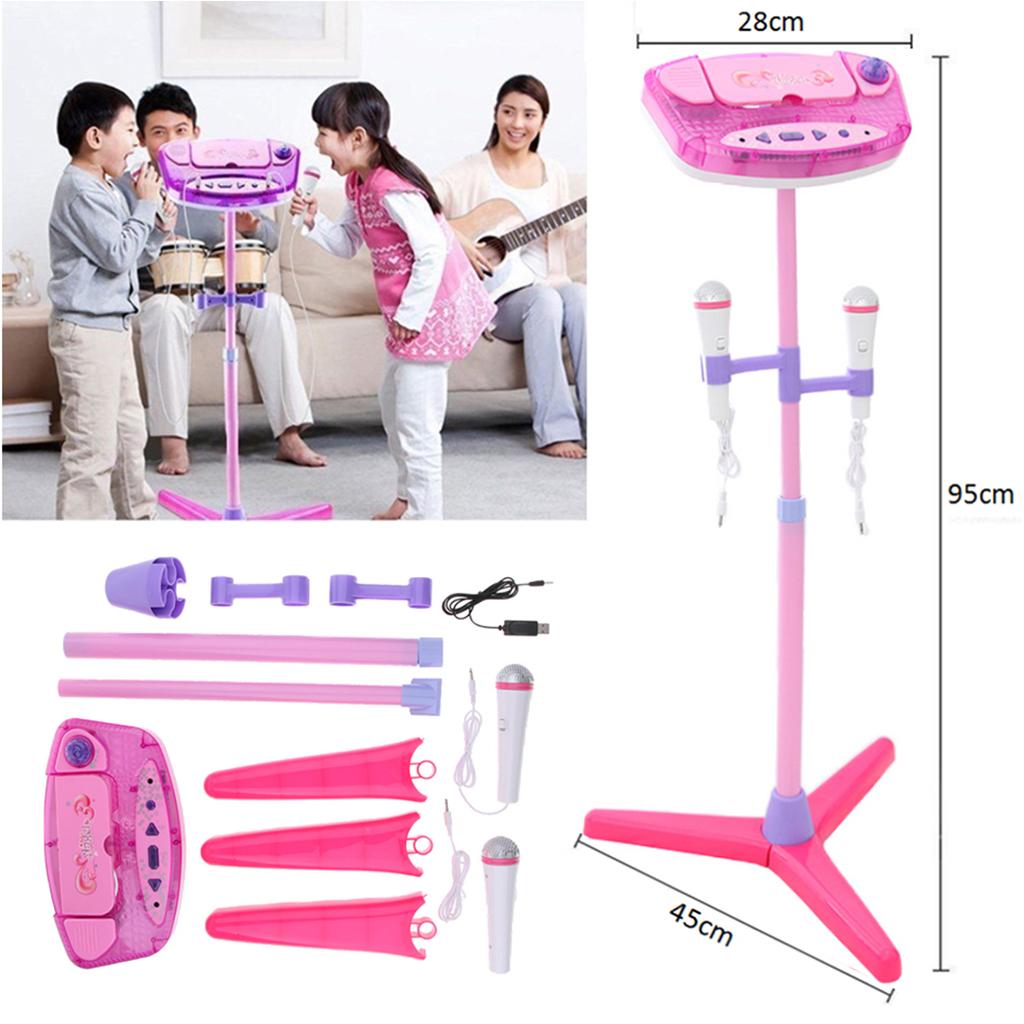 Music Play Toy Kids Karaoke Machine With 2 Microphones Adjustable Stand Pink