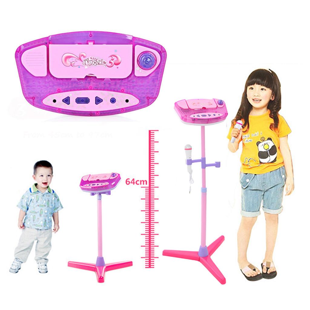 Music Play Toy Kids Karaoke Machine With 2 Microphones Adjustable Stand Pink