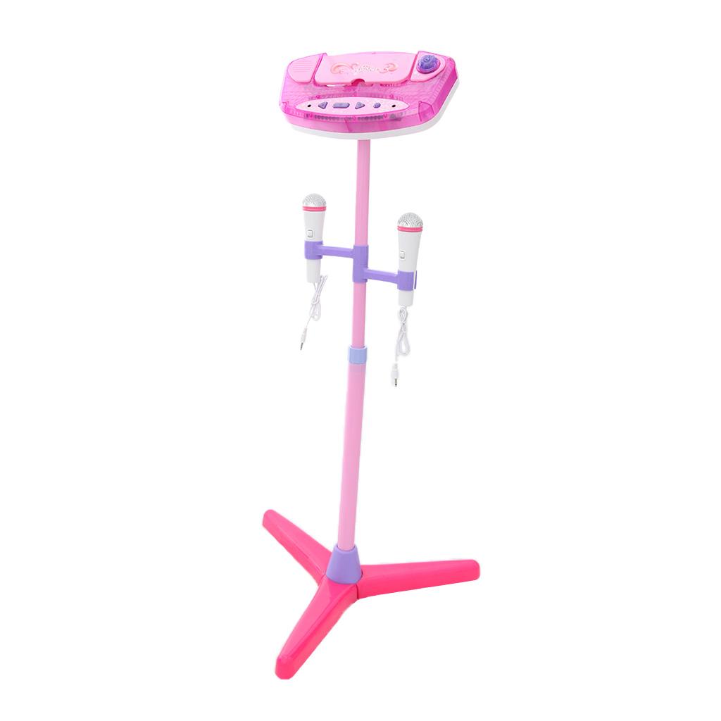 Music Play Toy Kids Karaoke Machine With 2 Microphones Adjustable Stand Pink