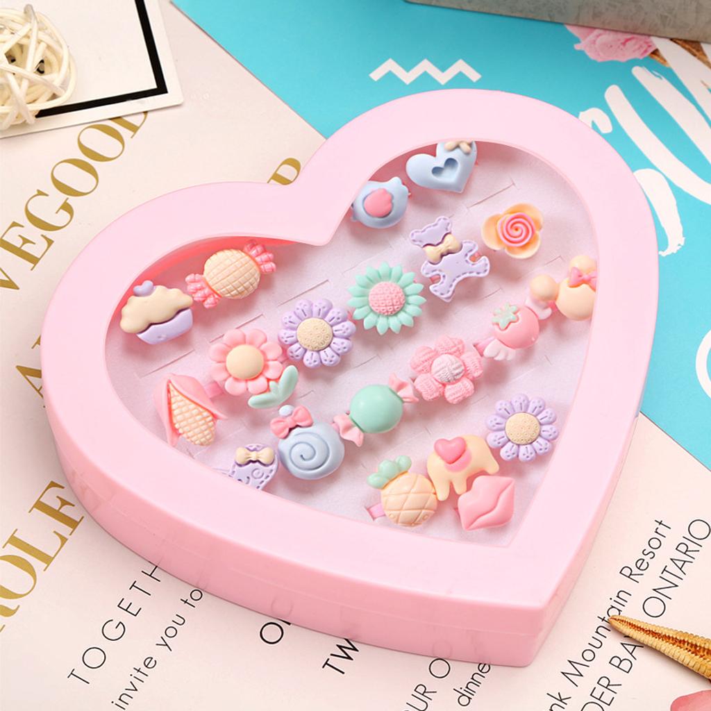 Assorted Resin Pink Kids Girls Rings With Heart Box Gift Jewelry