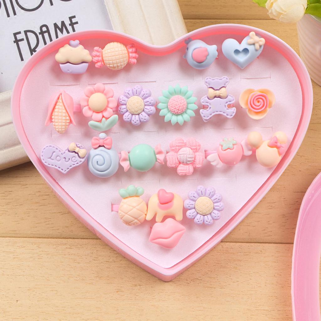 Assorted Resin Pink Kids Girls Rings With Heart Box Gift Jewelry