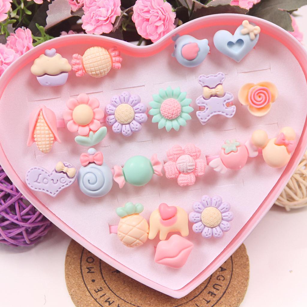 Assorted Resin Pink Kids Girls Rings With Heart Box Gift Jewelry