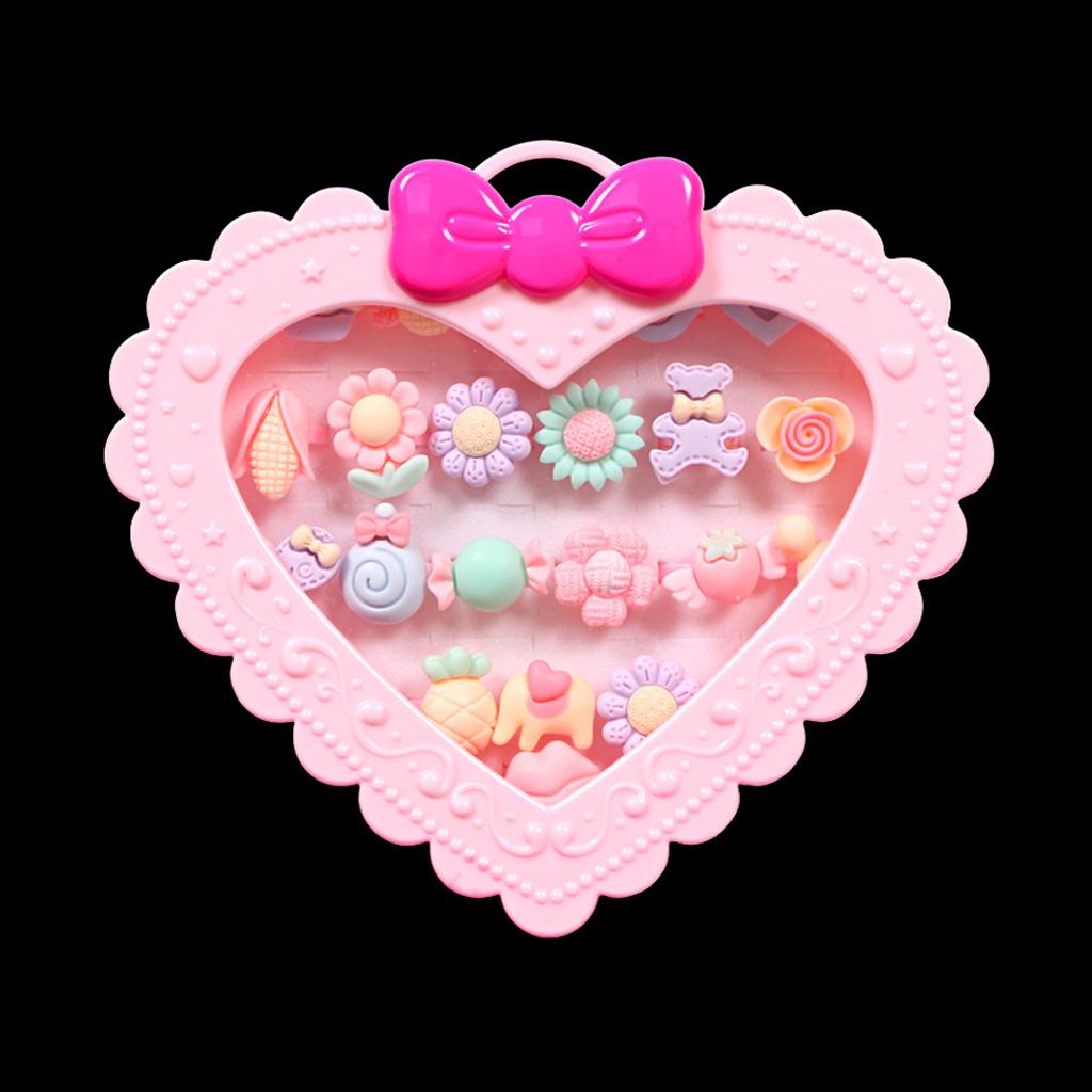 Assorted Resin Pink Kids Girls Rings With Heart Box Gift Jewelry