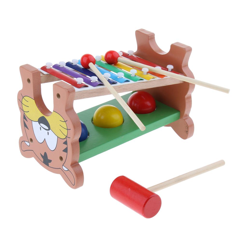 Tiger Wooden 8 Notes Xylophone Knock Piano & Ball Hammering 2-in-1 Play Activity Musical Percussion Instrument Toy for Kids Early Learning