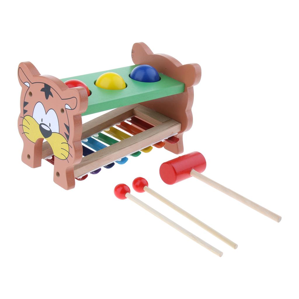 Tiger Wooden 8 Notes Xylophone Knock Piano & Ball Hammering 2-in-1 Play Activity Musical Percussion Instrument Toy for Kids Early Learning