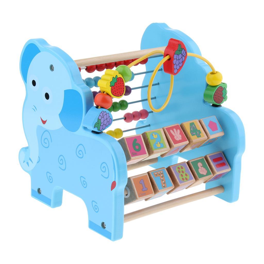 3 in 1 Kid Wooden Elephant Developmental Toy Revolving Number Blocks & Abacus & Beads Maze Colors Shapes Puzzle Learning Toddler Toys