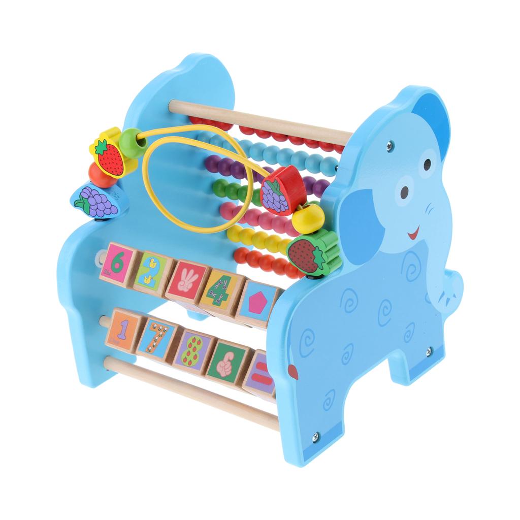 3 in 1 Kid Wooden Elephant Developmental Toy Revolving Number Blocks & Abacus & Beads Maze Colors Shapes Puzzle Learning Toddler Toys