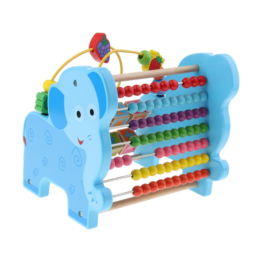 3 in 1 Kid Wooden Elephant Developmental Toy Revolving Number Blocks & Abacus & Beads Maze Colors Shapes Puzzle Learning Toddler Toys