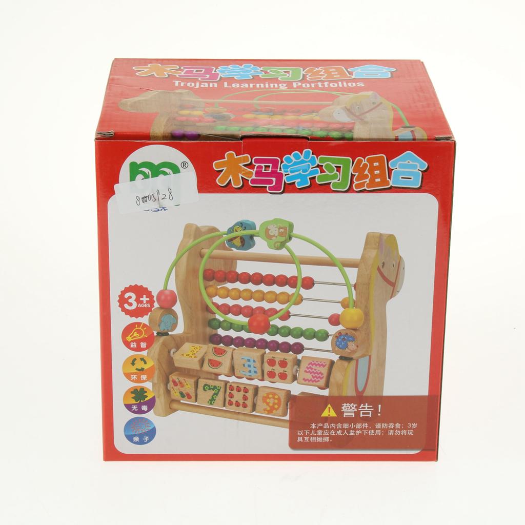 3 in 1 Kid Wooden Horse Developmental Toy Revolving Number Blocks & Abacus & Beads Maze Colors Shapes Puzzle Learning Toddler Toys