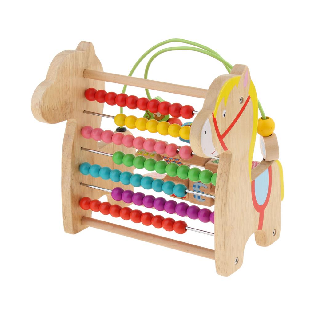 3 in 1 Kid Wooden Horse Developmental Toy Revolving Number Blocks & Abacus & Beads Maze Colors Shapes Puzzle Learning Toddler Toys