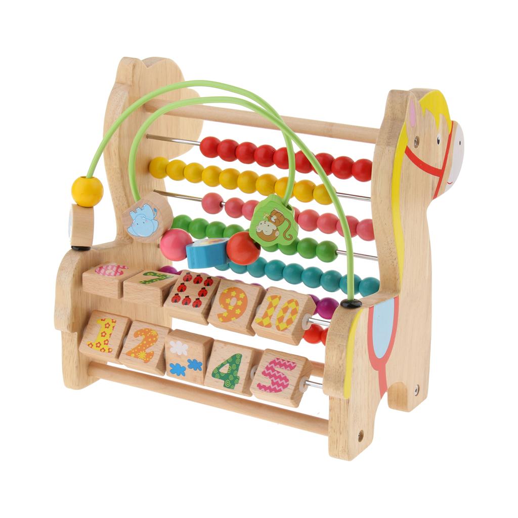 3 in 1 Kid Wooden Horse Developmental Toy Revolving Number Blocks & Abacus & Beads Maze Colors Shapes Puzzle Learning Toddler Toys