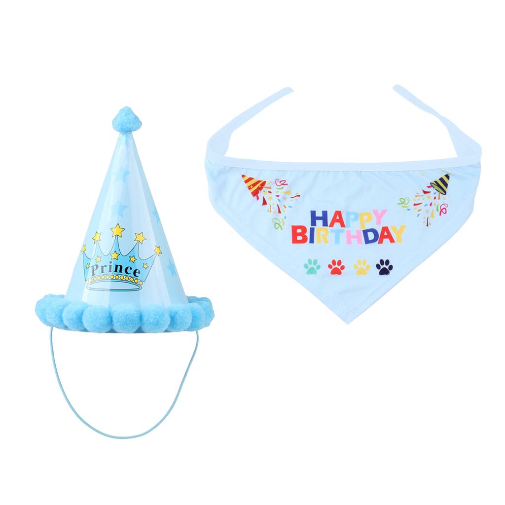 Pet Dog Cat Birthday Party Hat Lovely Happy Birthday Cap Scarf Set Blue