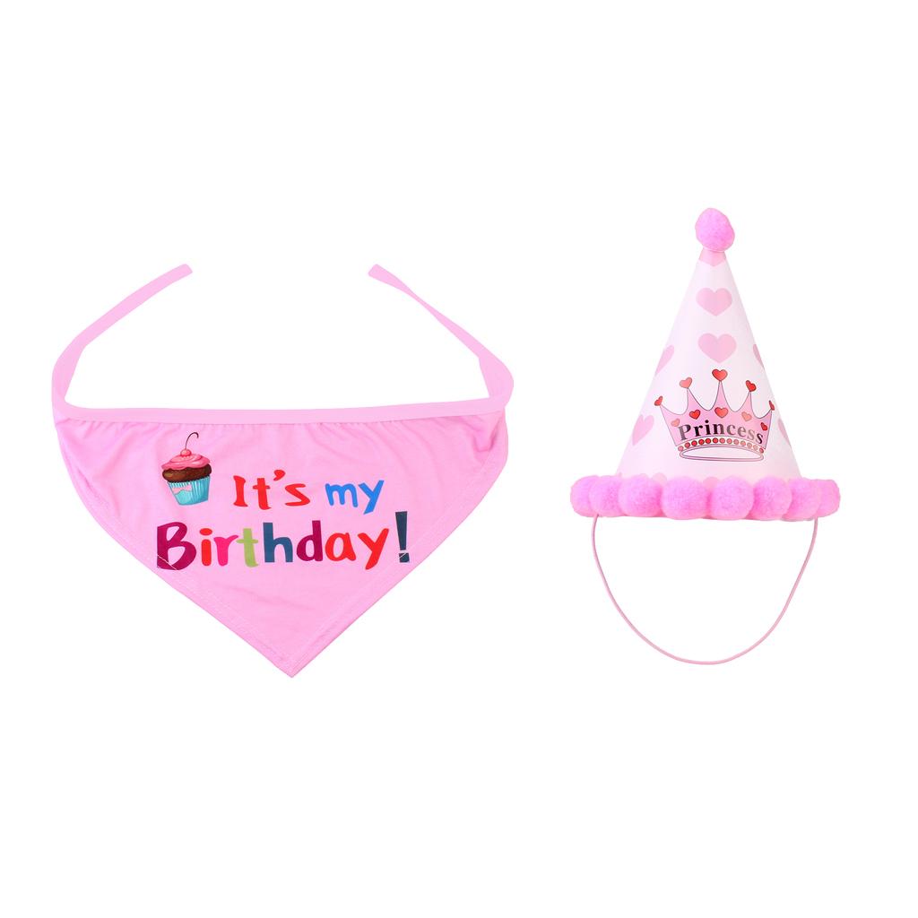 Pet Dog Cat Birthday Party Hat Lovely Happy Birthday Cap Scarf Set Pink