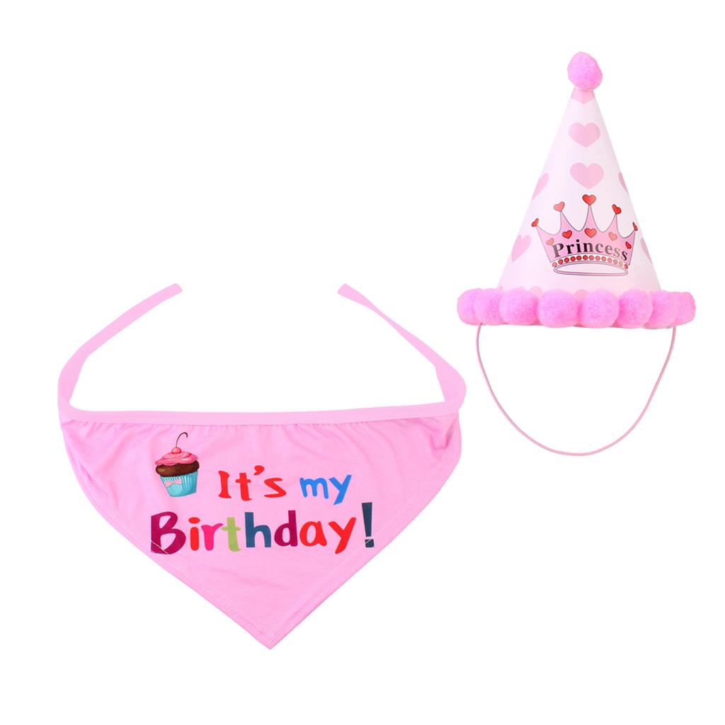 Pet Dog Cat Birthday Party Hat Lovely Happy Birthday Cap Scarf Set Pink