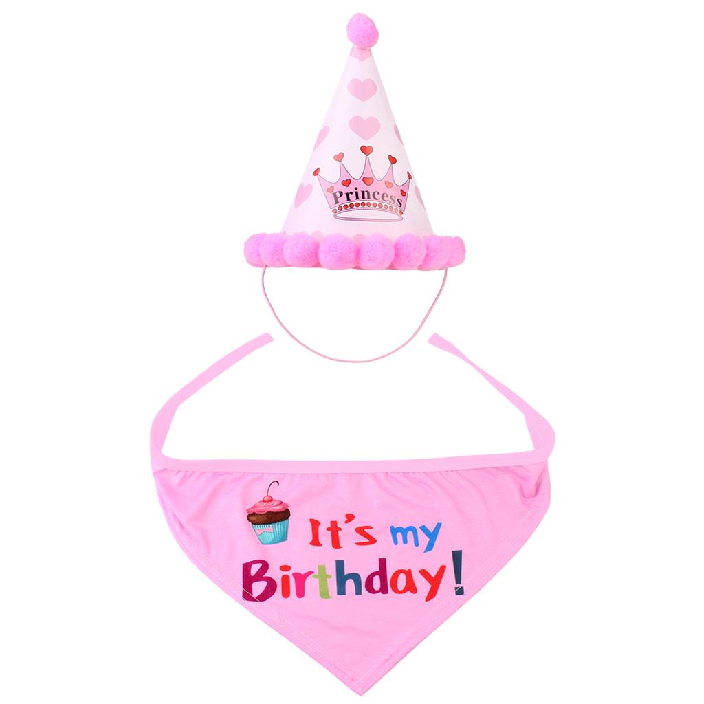 Pet Dog Cat Birthday Party Hat Lovely Happy Birthday Cap Scarf Set Pink