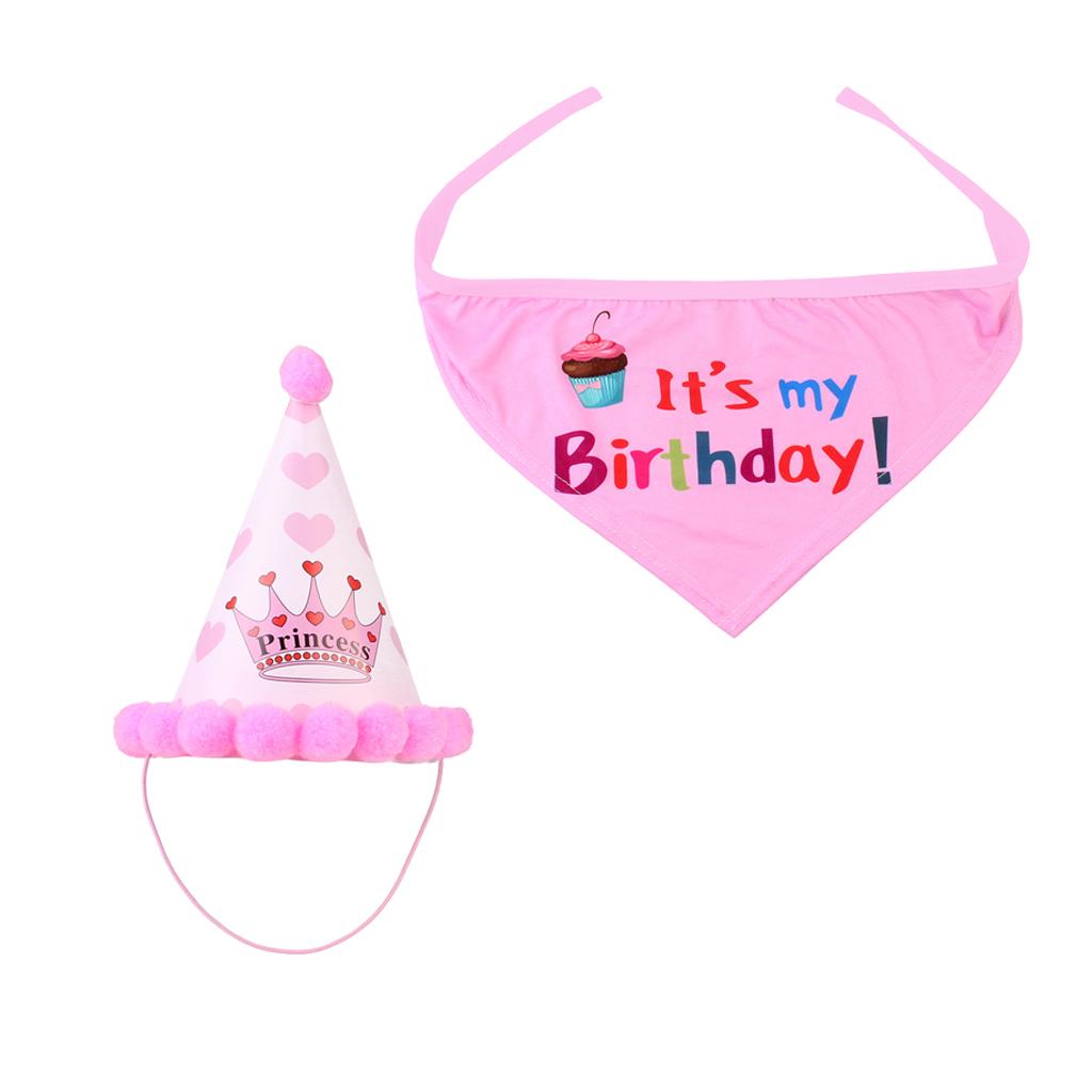 Pet Dog Cat Birthday Party Hat Lovely Happy Birthday Cap Scarf Set Pink