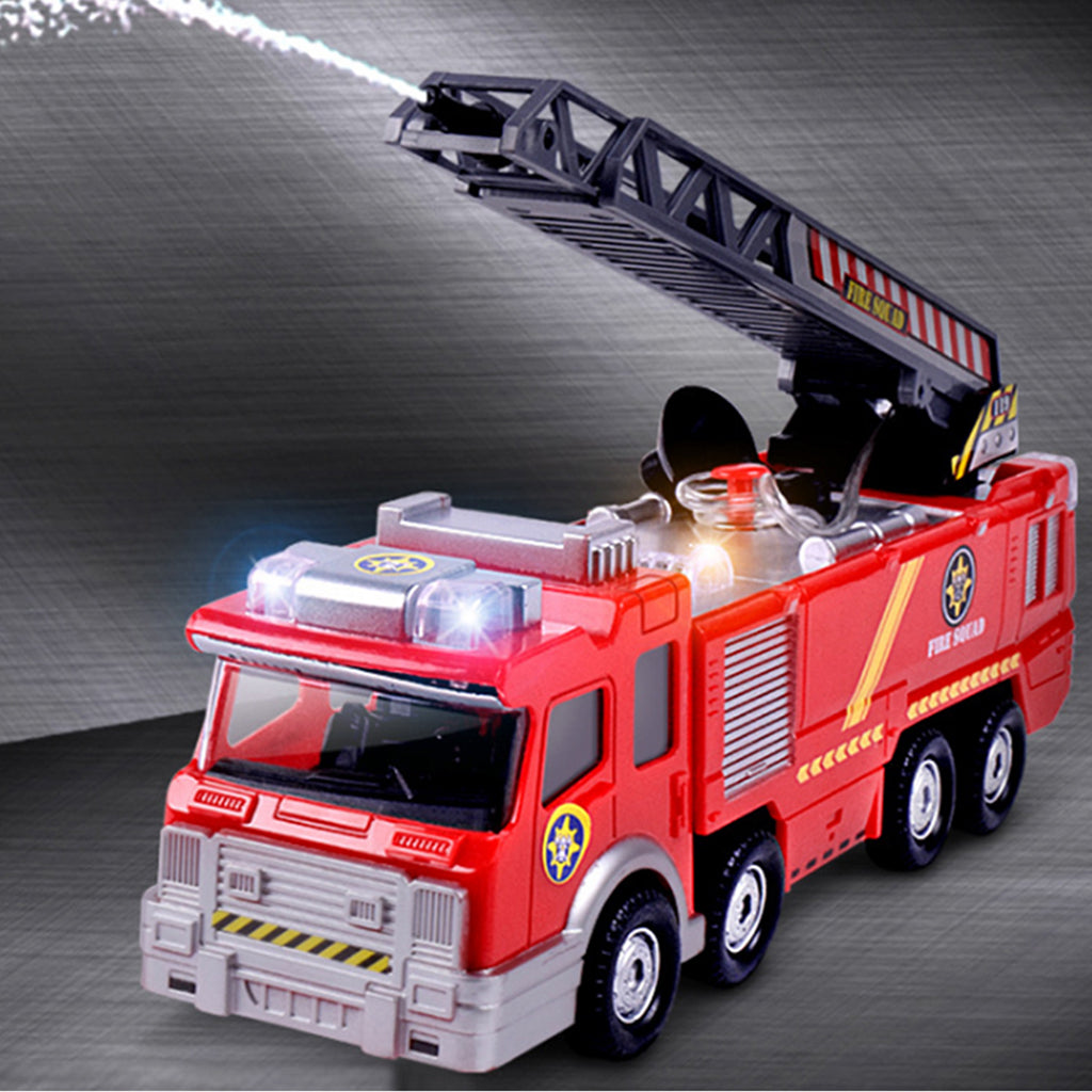 Electric Fire Truck Toy with Lights and Sirens Sounds, Extending Ladder and Water Pump Hose to Shoot Water, Bump and Go Action