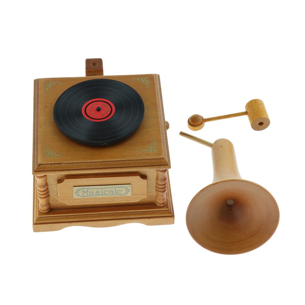 Retro Wooden Wind Up Key Play Song Gramophone Musical Box Crafts Musical Gifts Party Favors