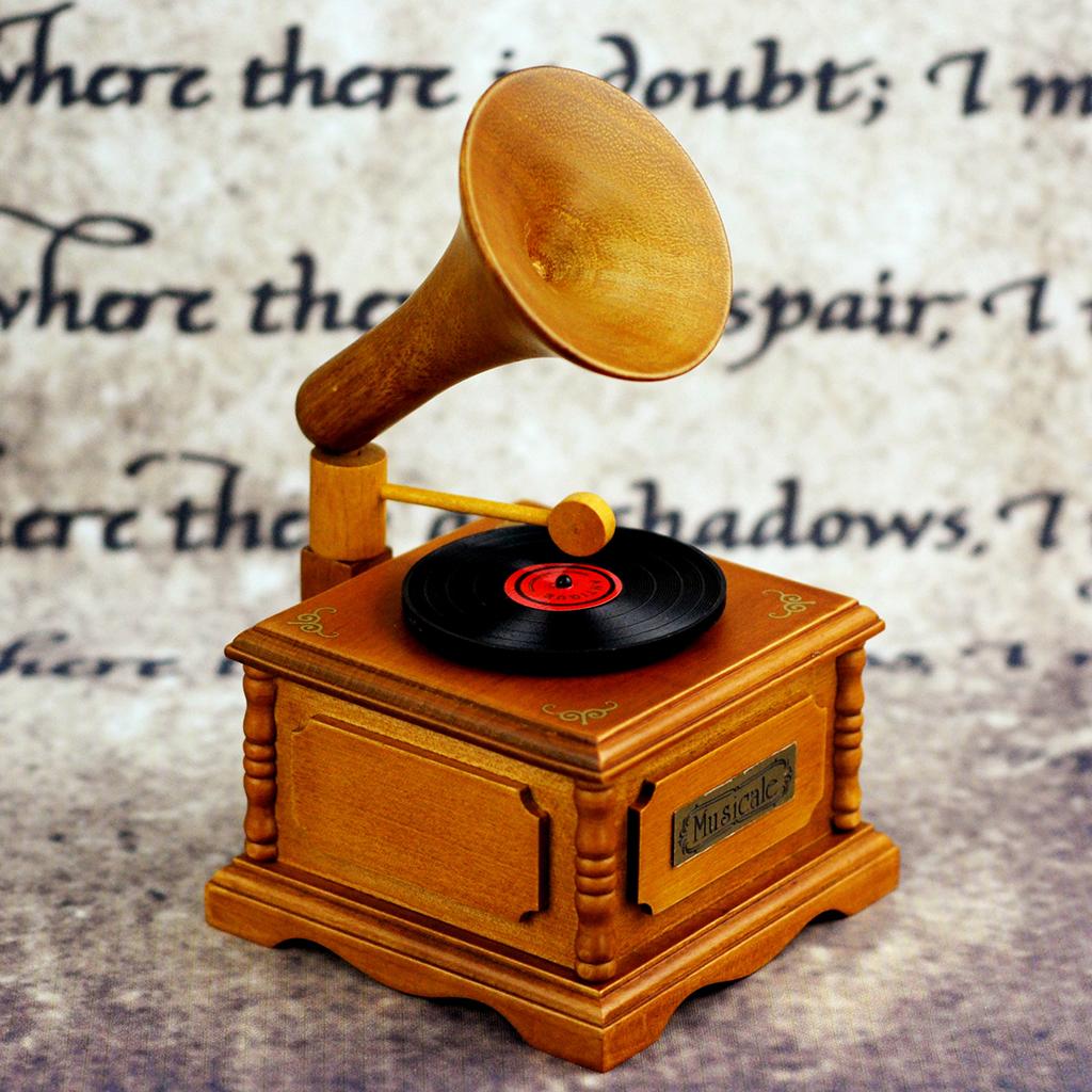 Retro Wooden Wind Up Key Play Song Gramophone Musical Box Crafts Musical Gifts Party Favors