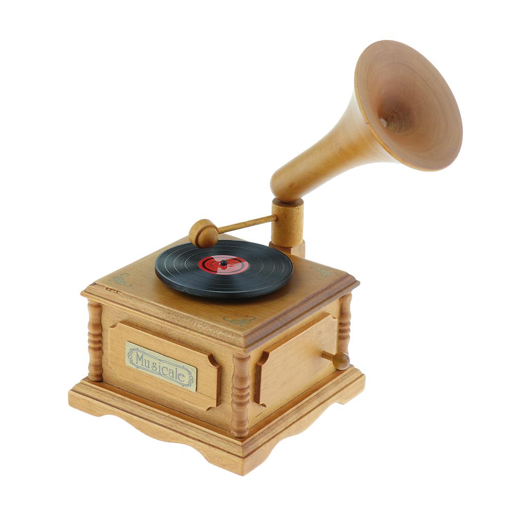 Retro Wooden Wind Up Key Play Song Gramophone Musical Box Crafts Musical Gifts Party Favors