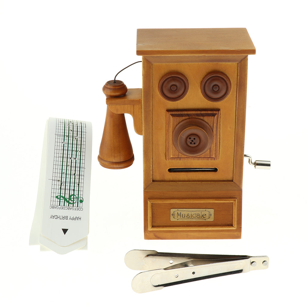 Antique Wooden Hand Cranked Telephone Designed Musical Box Craftsmanship Make Your Song, with Hole Puncher, Christmas Home Decoration