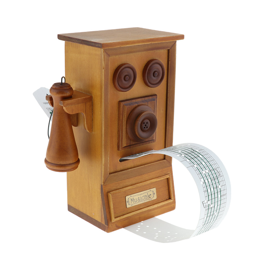 Antique Wooden Hand Cranked Telephone Designed Musical Box Craftsmanship Make Your Song, with Hole Puncher, Christmas Home Decoration