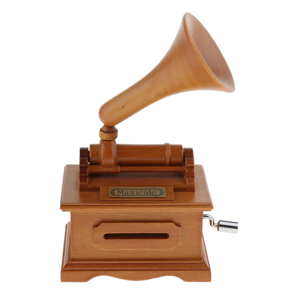 Vintage Wooden Hand-cranked Gramophone Music Box with Hole Puncher Desk Ornament Home Decor Birthday Gifts