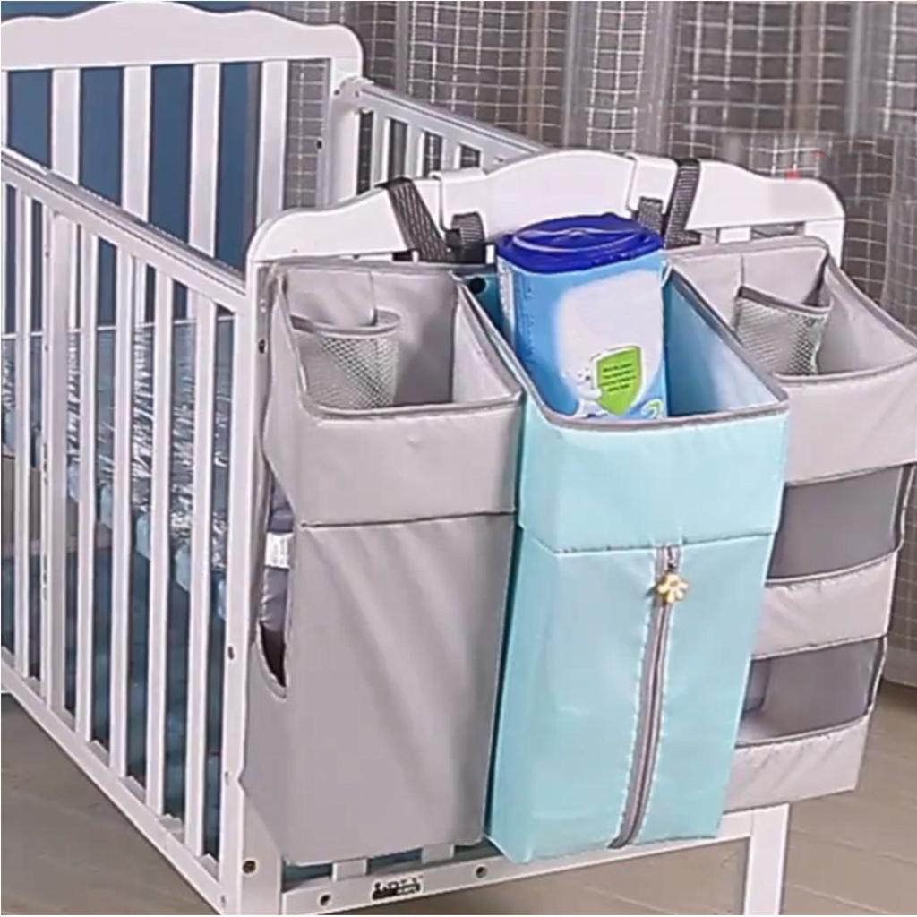 Multi-Functional Crib Hanging Storage Bag Bedside Organizer for Newborn Gray