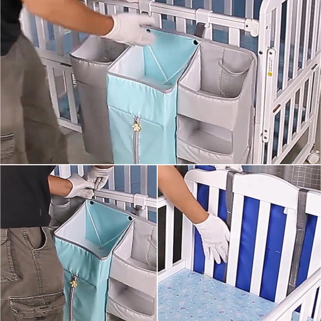 Multi-Functional Crib Hanging Storage Bag Bedside Organizer for Newborn Gray