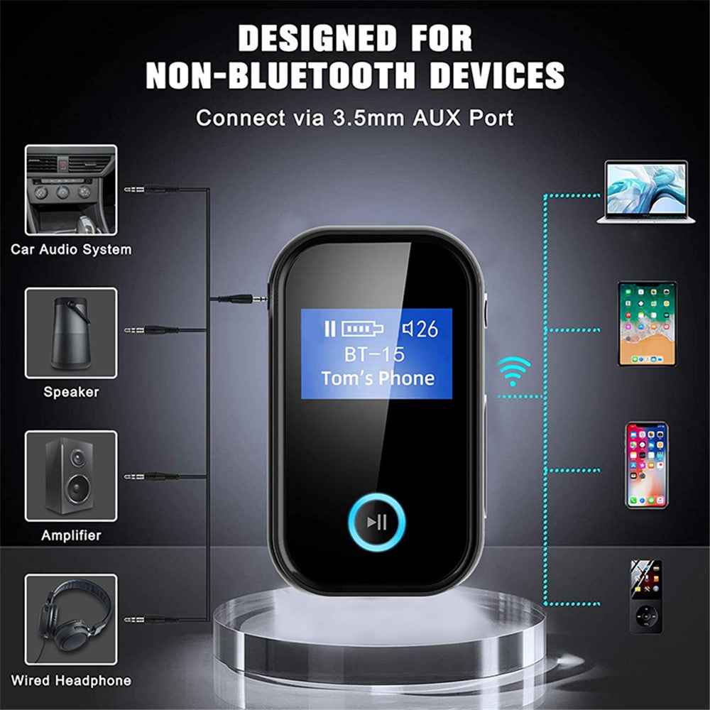 BT15S Bluetooth-compatible Receiver LCD Display Screen AUX Adapter Car Adapter with CVC 8.0 Noise Canceling Hands-Free Call for Car/Home Stereo/Wired Headphone