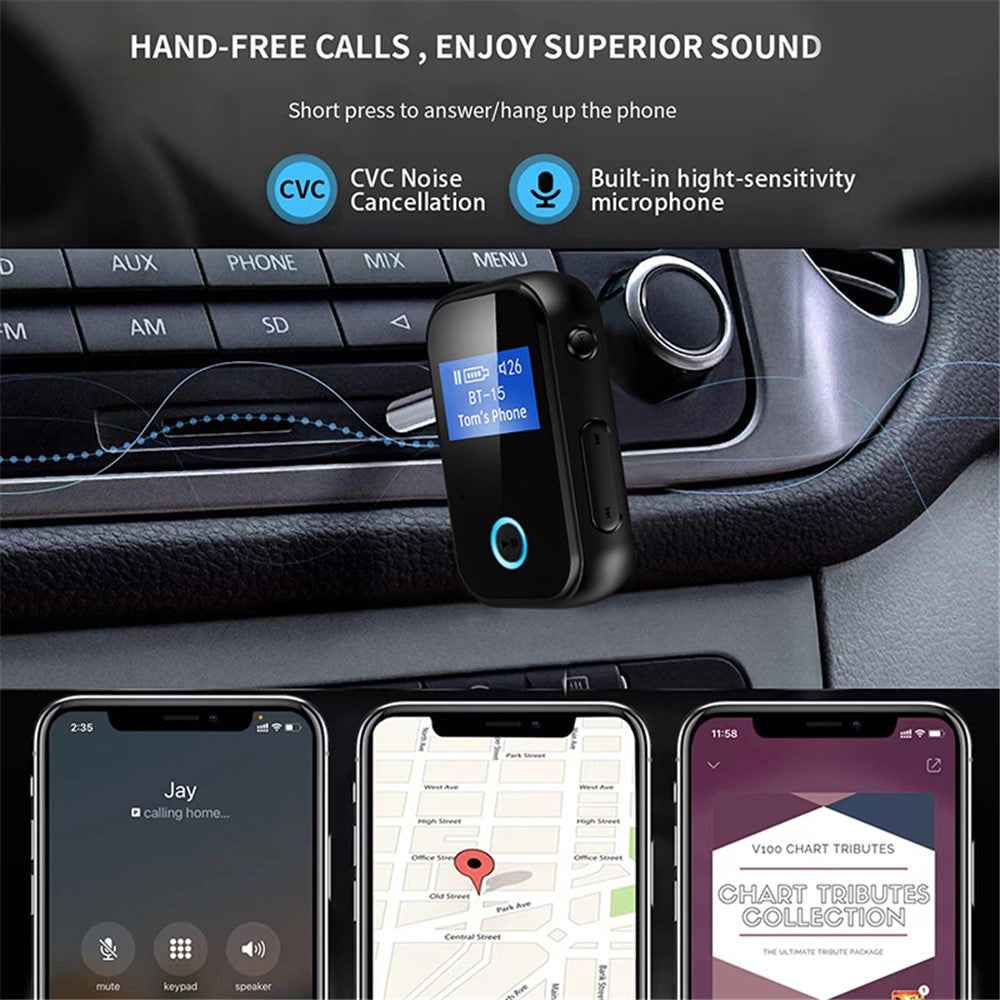 BT15S Bluetooth-compatible Receiver LCD Display Screen AUX Adapter Car Adapter with CVC 8.0 Noise Canceling Hands-Free Call for Car/Home Stereo/Wired Headphone