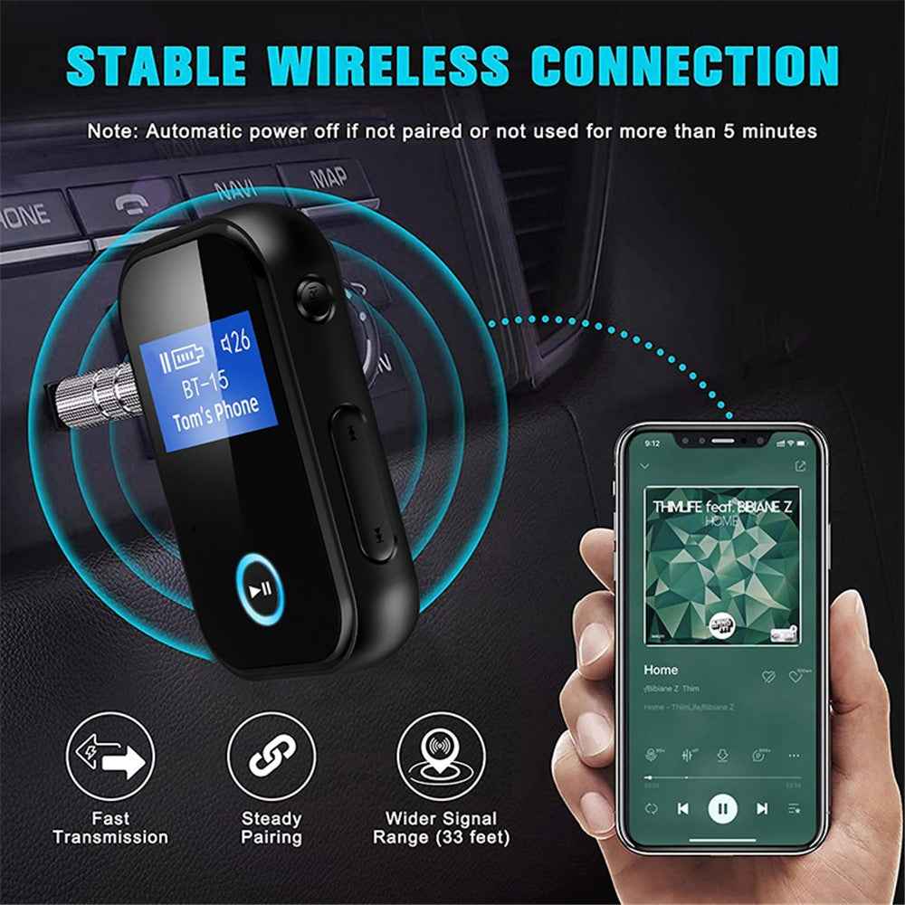 BT15S Bluetooth-compatible Receiver LCD Display Screen AUX Adapter Car Adapter with CVC 8.0 Noise Canceling Hands-Free Call for Car/Home Stereo/Wired Headphone