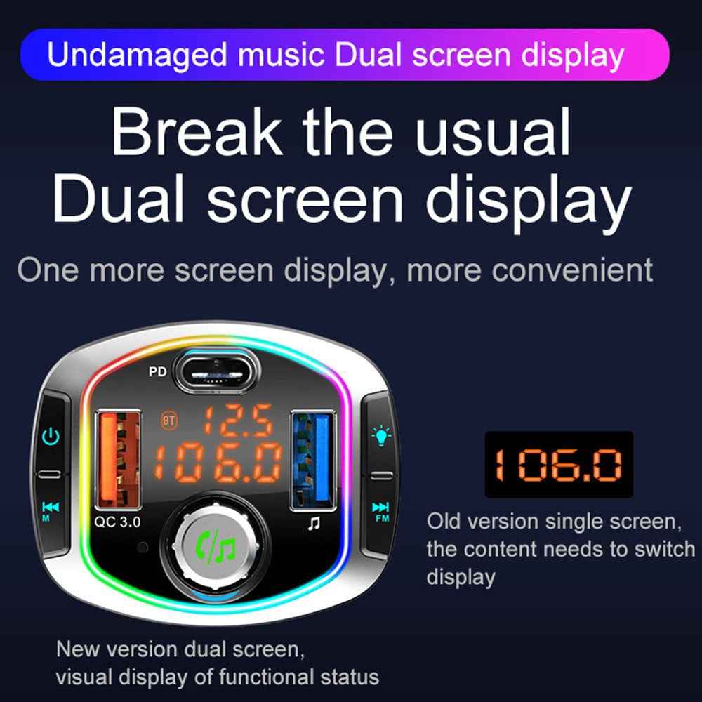 Multifunction Bluetooth-compatible Car FM Transmitter MP3 Player PD+QC3.0 Car Charger