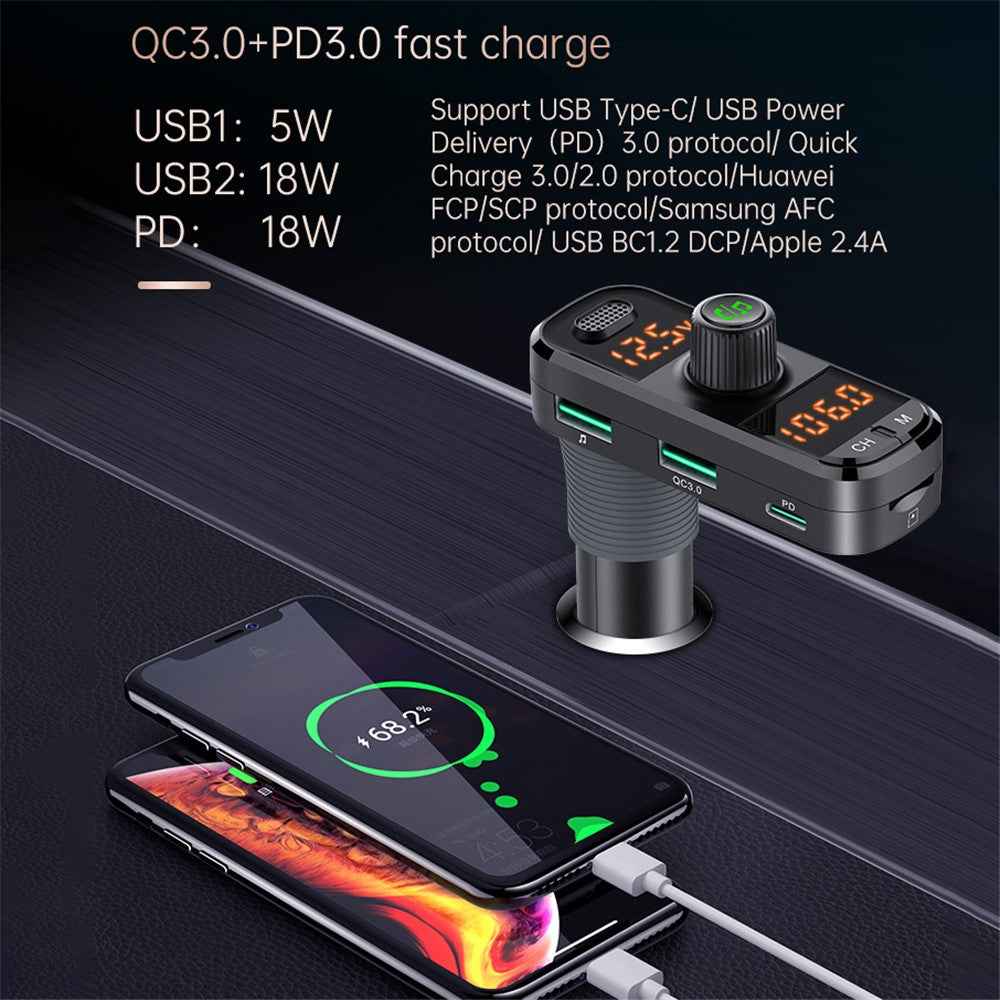 BC70 Car MP3 Bluetooth-compatible Hands-free FM Transmitter Radio Music Player Dual USB QC3.0+PD Charger