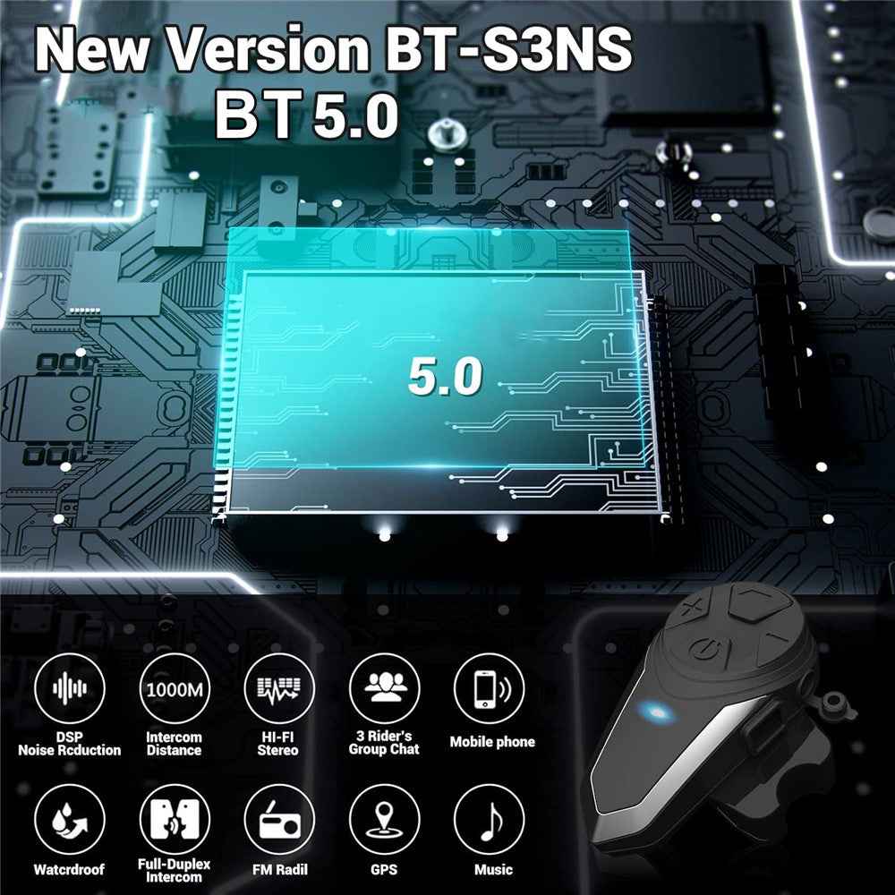 BT-S3 Waterproof IPX6 Motorcycle Helmet Bluetooth-compatible Headphone 1000m Interphone Hands-free Call Headset with FM Function