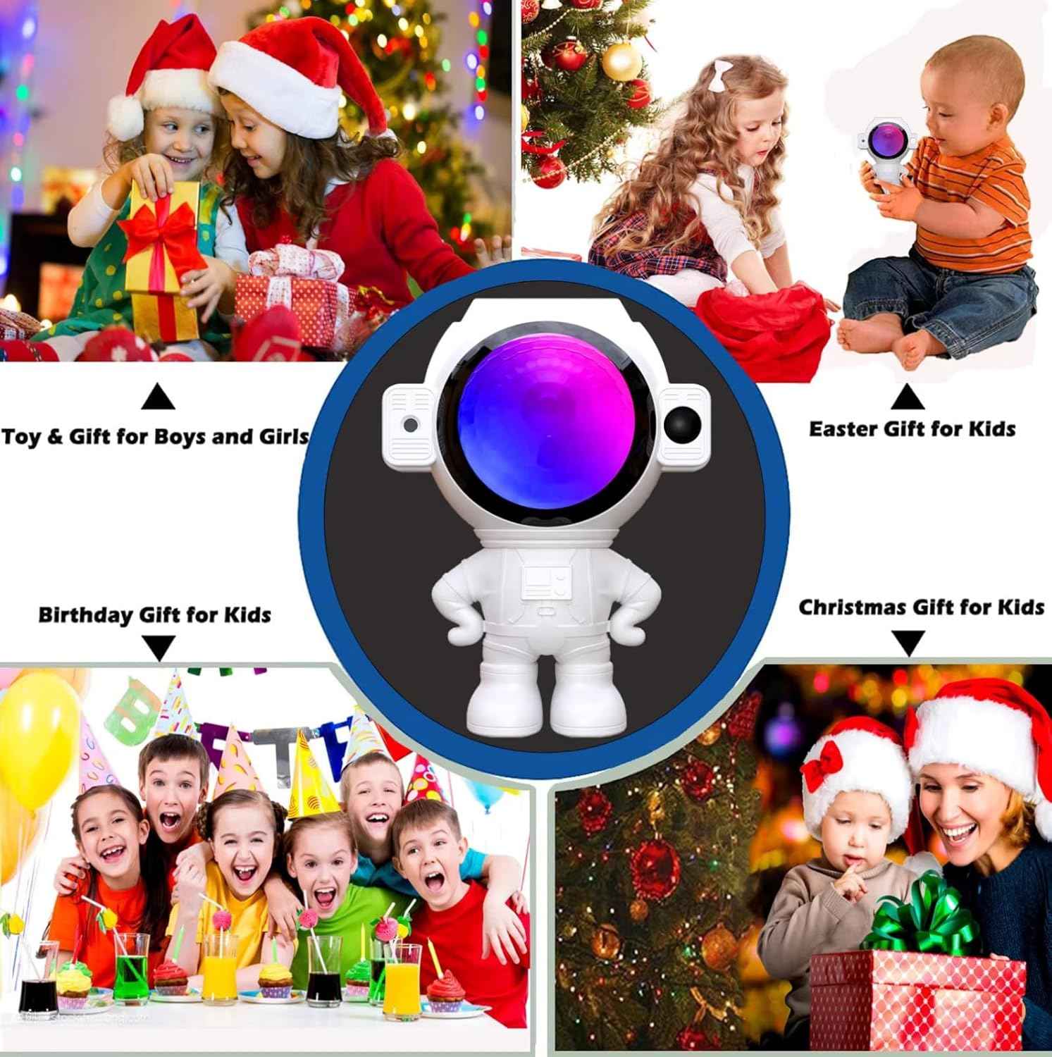 Astronaut Star Projector with dual 4W LEDs, 180° moon, star & cloud projection, Bluetooth, voice/music modes, remote control, USB powered.