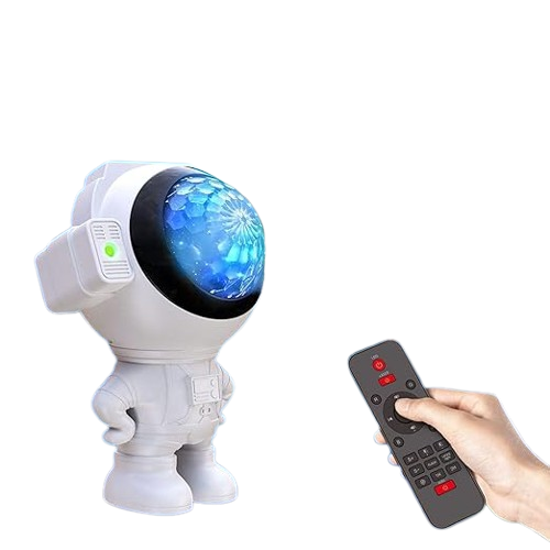 Astronaut Star Projector with dual 4W LEDs, 180° moon, star & cloud projection, Bluetooth, voice/music modes, remote control, USB powered.