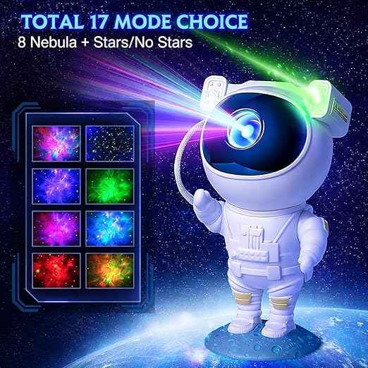 Astronaut Galaxy Projector Night Light with 360° rotating nebula, remote control, timer, and adjustable head—perfect for bedrooms, gaming rooms, and décor.