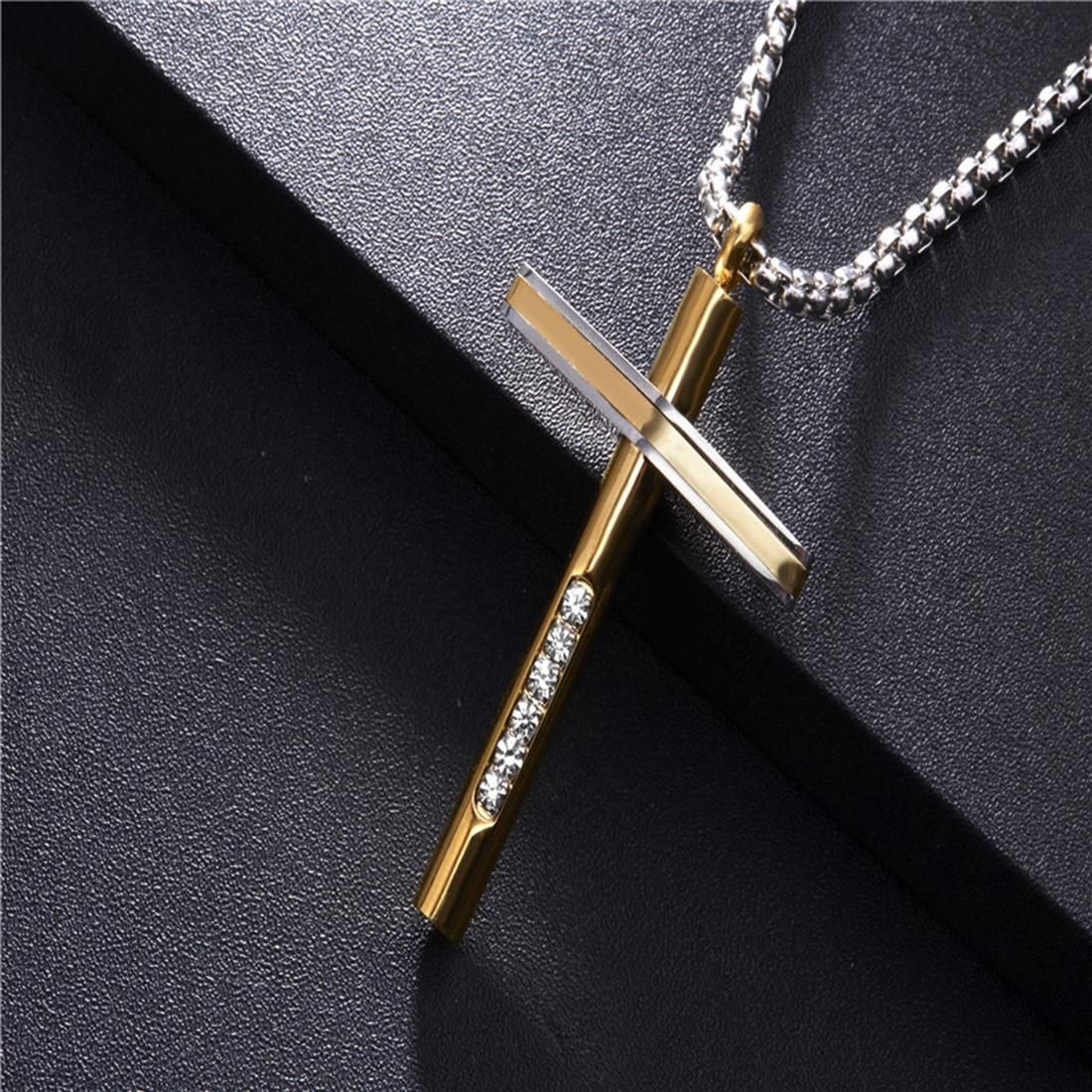 Men Fashion Jewelry Crystal Inlaid Cross Style Necklace Stainless Steel Pendant, Size: 5*3.1cm (Gold)