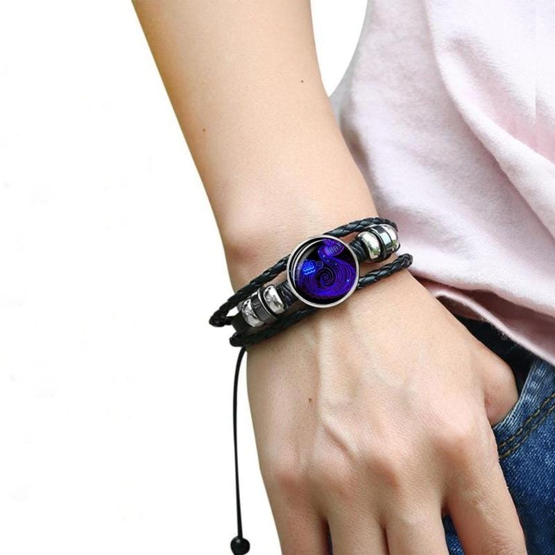 12 Constellation Black Braided Leather Glass Dome Punk Men Bracelet (Aquarius)