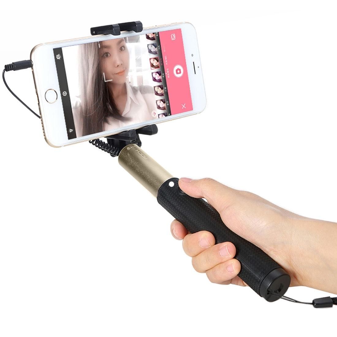 ROCK Portable Wire Control Selfie Stick Monopod Folding Extendable Handheld Holder for iOS & Android Phone, Folded Length: 21cm, Max Extension Length: 75cm (Gold)