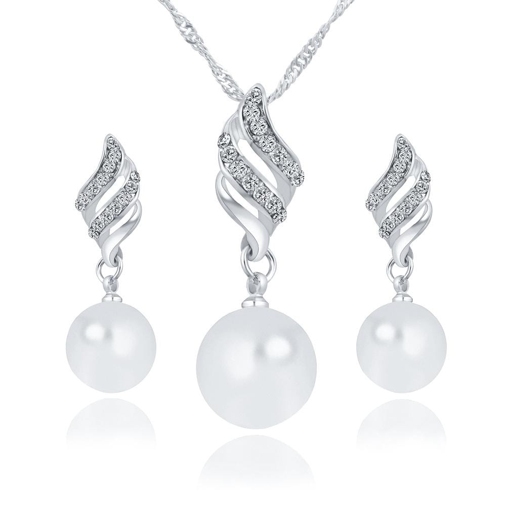 Set Jewelry  Chic  Pearl and Rhinestone Pendant Necklace and Earrings (Silver)