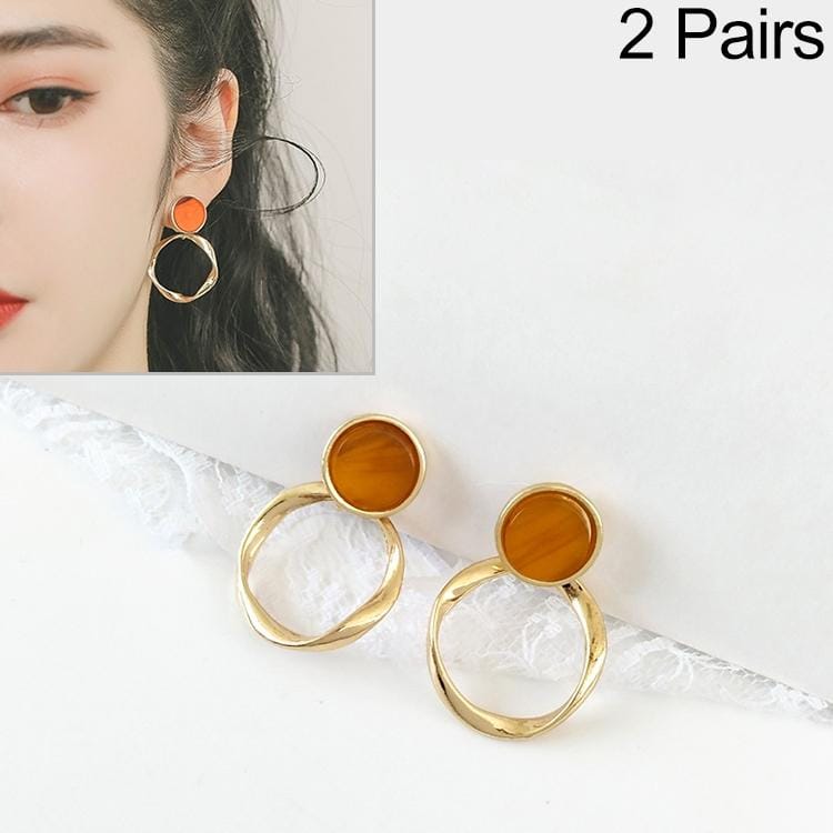 2 Pairs Twist Ring Resin Retro Metal Earrings for Women (Brown)