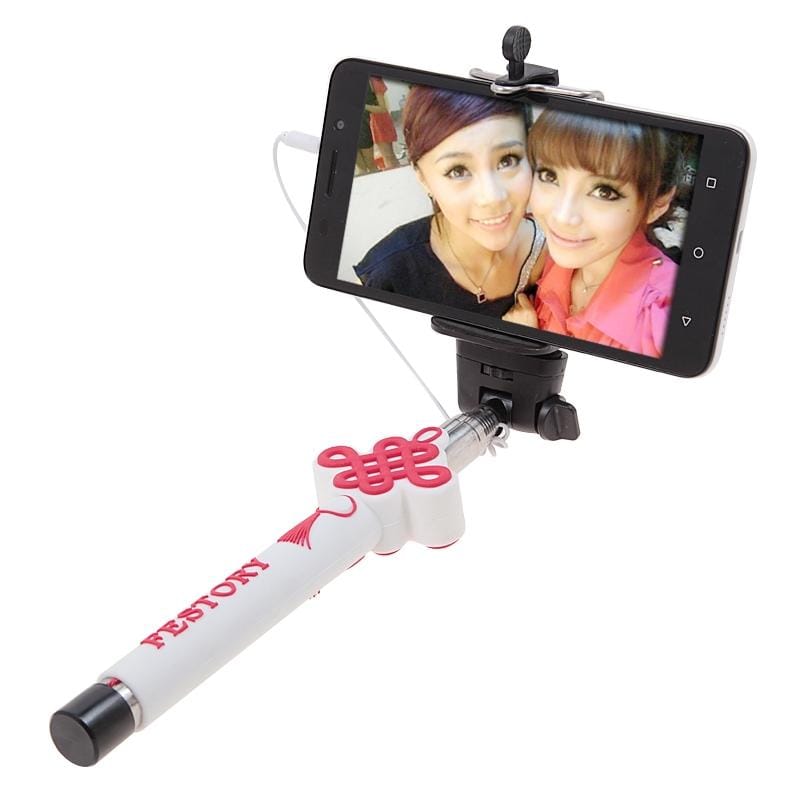 KX-M02 3D Chinese Knot Pattern Wire Controlled Selfie Stick Monopod Extendable Handheld Holder for Camera / Cellphone, Max Length: 90cm (White)
