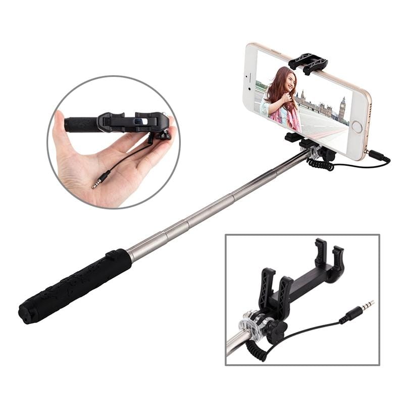 Portable Flower Pattern Wire Controlled Selfie Stick Monopod Folding Extendable Handheld Pocket Holder for iOS & Android Phone, Folded Length: 12.5cm, Max Extension Length: 70.0cm (Black)